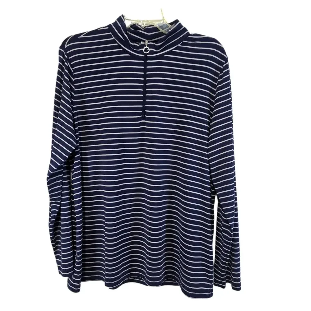 Weekend's by Chico's Womens Gray Blue Stripe Mock Neck Quarter Zip Active Large - Picture 8 of 9